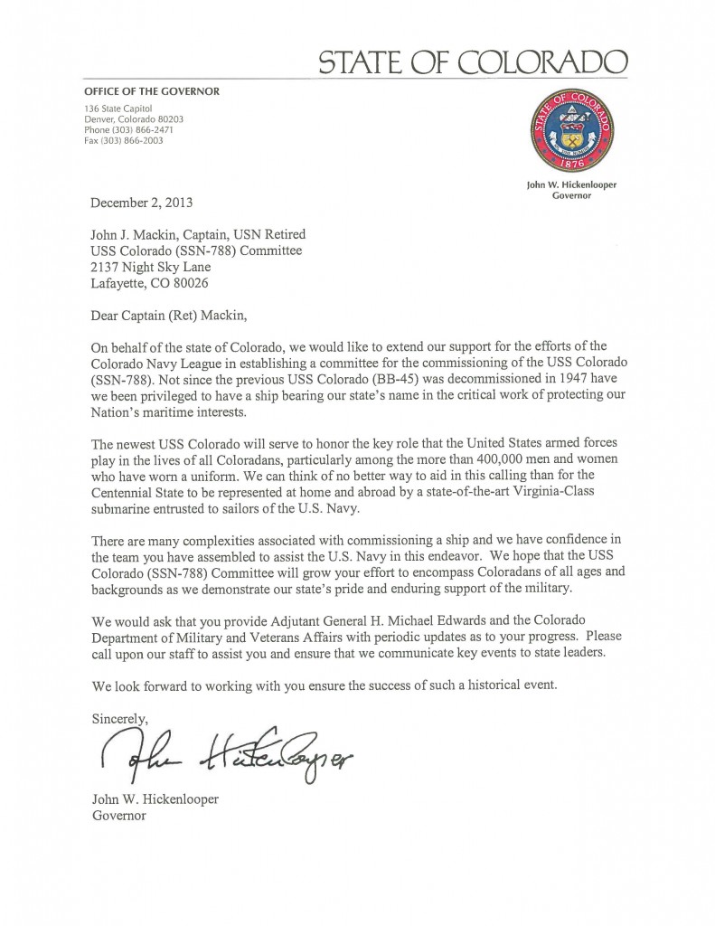 Governor Hickenlooper Letter